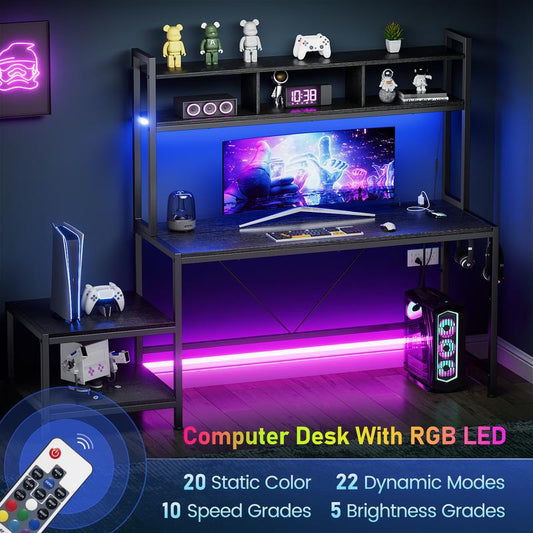 Flycity L-Shaped Gaming Desk or One-Line Table with LED Lights & Power Outlets,And Storage Shelves - 93.3 Inch Computer Desk, for Gaming Room, Study, Living Room Modern Furniture Home Office