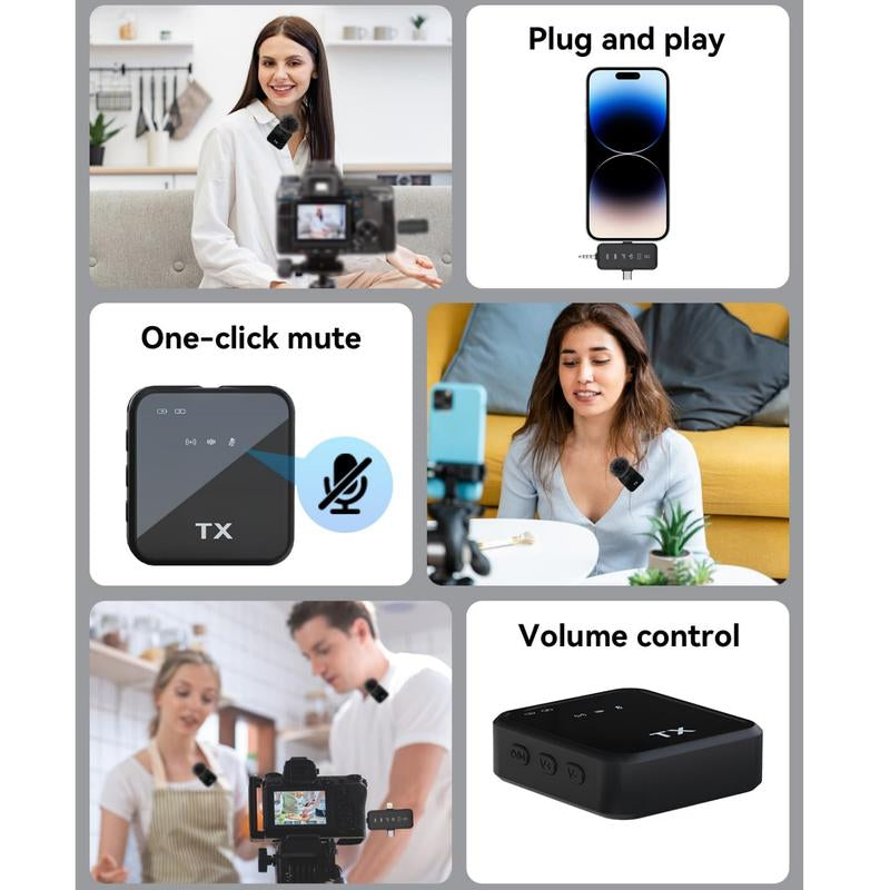 PQRQP 2-Pack Wireless Lavalier Microphone,For Iphone/Android/Camera, 328Ft Transmission, 18H Battery Life, Mini Microphone for Record Interview, Vlogs, Youtube