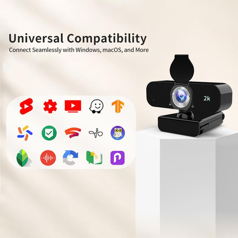 2K Qualify HD Webcam for PC Webcast, USB Computer Webcam for Office /Home Use, Streaming, Video Calling, Online Meeting with Tripod