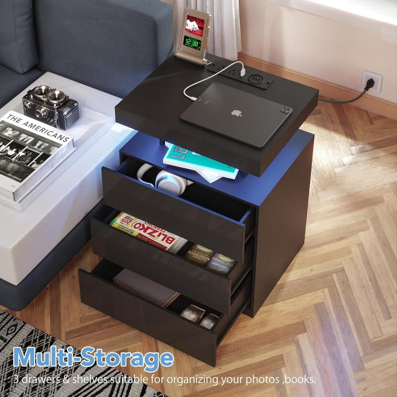 Black LED Nightstand with Charging Station 2 Outlets USB Port Type C, Bed Side Table with 2 Drawers & Wireless Charging Station, Smart LED Nightstand Modern High Gloss Night Table with Light