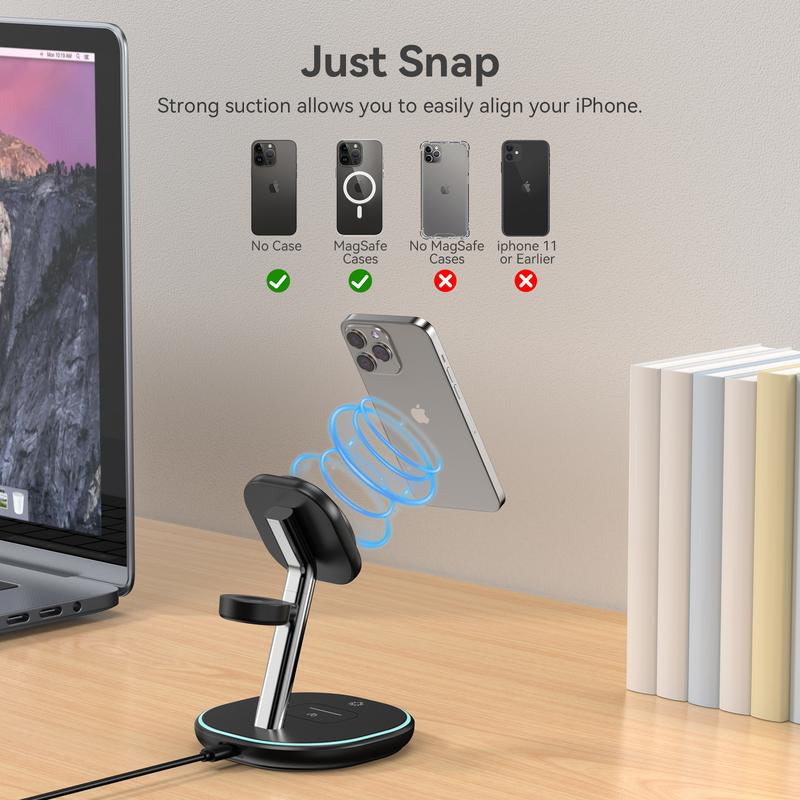 Energycell Qi2 3 in 1 Wireless Charging Station, Certified 15W Fast Wireless Charger for Iphone 16/15/15 Pro/14/13/12, Apple Watch, Airpods, Magnetic Charger for Iphone with Sleep Friendly Light