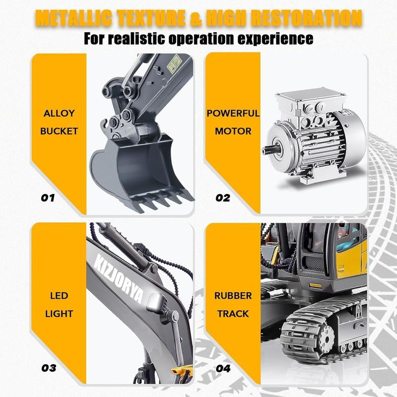 Remote Control Excavator Toys for Boys Turns 680-Degree 2 Batteries Metal Shovel Lights/Sounds Construction Toys Birthday Gifts Boy Toys for 3 4 5 6 7 8 Years Old