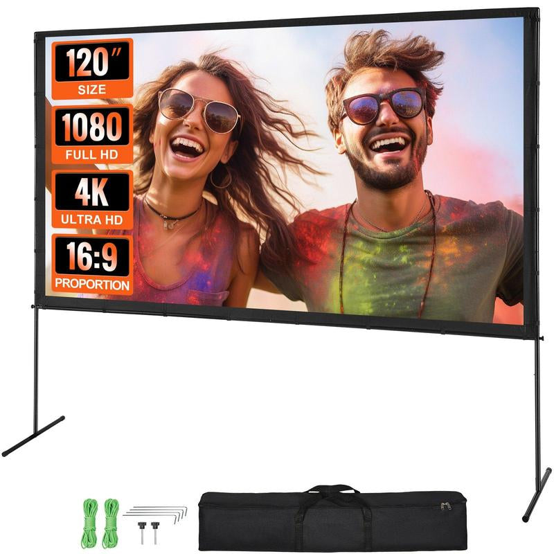 VEVOR Projector Screen with Stand, 120 Inch 16:9 4K 1080 HD Outdoor Movie Screen with Stand, Wrinkle-Free Projection Screen with Bar Feet and Carry Bag, for Home Theater Cinema Backyard Movie Night