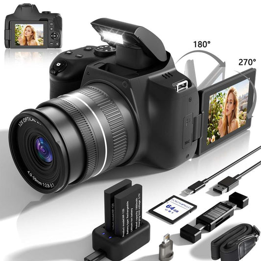 Black 4K Digital Camera with Flip Screen, 10X Optical Zoom, Dual Batteries, 64GB SD Card, Ideal for Vlogging and Travel Photography