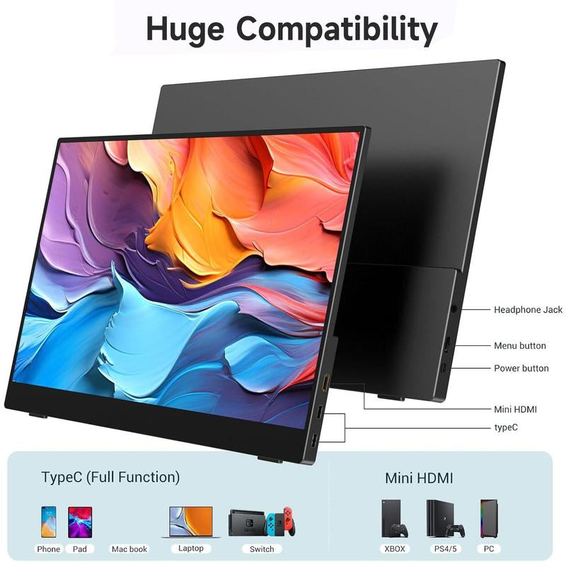 Portable Monitor, FHD 1080P Portable Laptop Monitor with PU Leather Cover, Suitable for Expanding Display and Screen Mirroring of PC, MAC, Xbox, Switch, PS5, Iphone15, Samsung & HUAWEI Mobile Phones