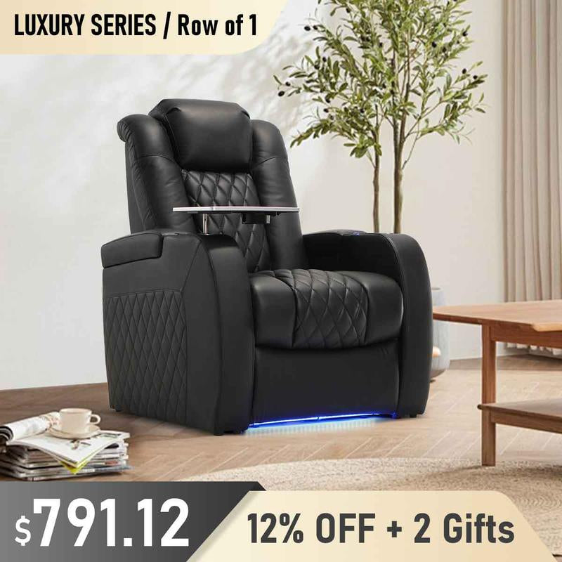 Weilianda Home Theater Seating Luxury Series Top Grain Nappa Leather Recliner Chair Dual Power Movie Gaming Sofa Electric Headrest with Tray Table Type-C USB Charge Cup Holders