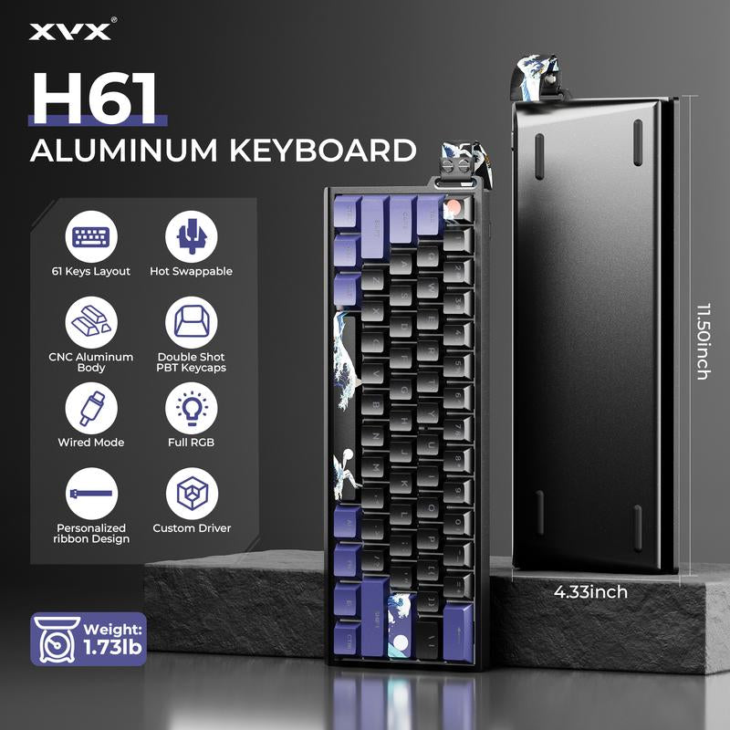 XVX H61 Kanagawa CNC Aluminum 61% Mechanical Keyboard Wired Only Hot Swap Switchs Full RGB with PBT Keycaps