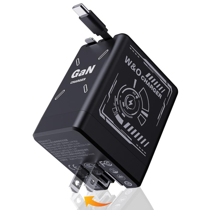W&O 2-In-1 Gan 120W Fast Charger with Retractable Type-C and Ligtning Cable | Portable Adapter for Iphone 16, Ipad, Macbook, Multi-Device Fast Charging, Folding Charing