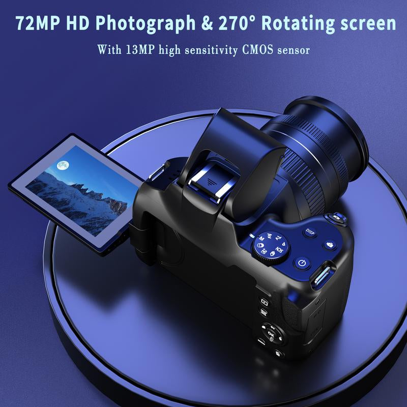 Black 4K Digital Camera with Flip Screen, 10X Optical Zoom, Dual Batteries, 64GB SD Card, Ideal for Vlogging and Travel Photography
