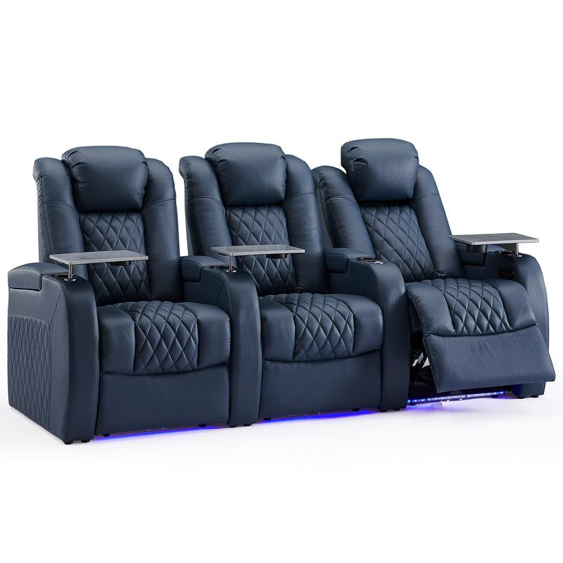 Weilianda Home Theater Seating Luxury Series Top Grain Nappa Leather Recliner Chair Dual Power Movie Gaming Sofa Electric Headrest with Tray Table Type-C USB Charge Cup Holders