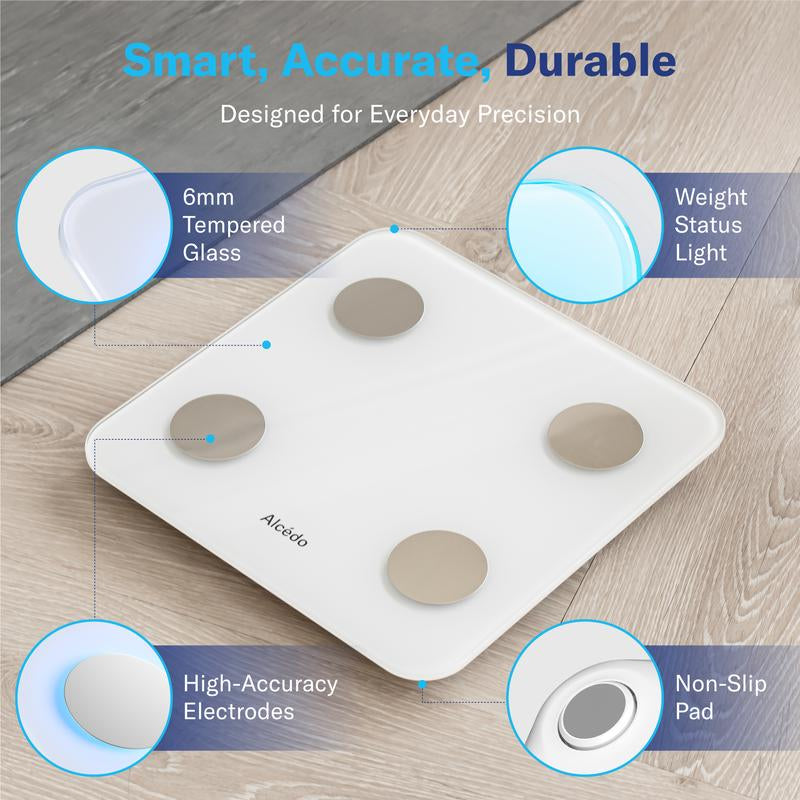 Alcedo Smart Scale for Body Weight, 7-Color Glowing Bluetooth Digital Bathroom Scale for BMI and Body Fat, Body Composition Monitor with Smartphone App, 400 Lbs Capacity