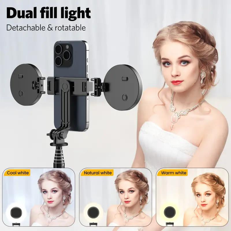 Selfie Stick, New 6-In-1 Wireless Selfie Stick with Lights, Extendable Selfie Stick Tripod with Remote Control (Pink, Dual Lights)