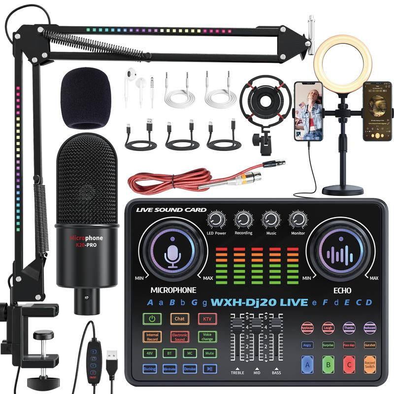Portable Dj20 Live Sound Card + K20 48V Condenser Microphone Kit Kit Studio Mixer Live Broadcast 16 Sound Effects Recording Mixer