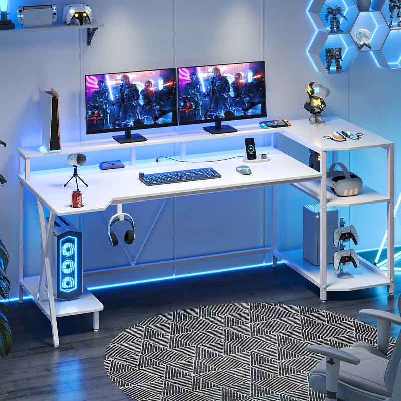 Sedeta Gaming Table 70.8 In. with LED Lights and Storage Shelf Computer Table with Monitor Stand, Power Outlet and Cup Holder Ergonomic Table