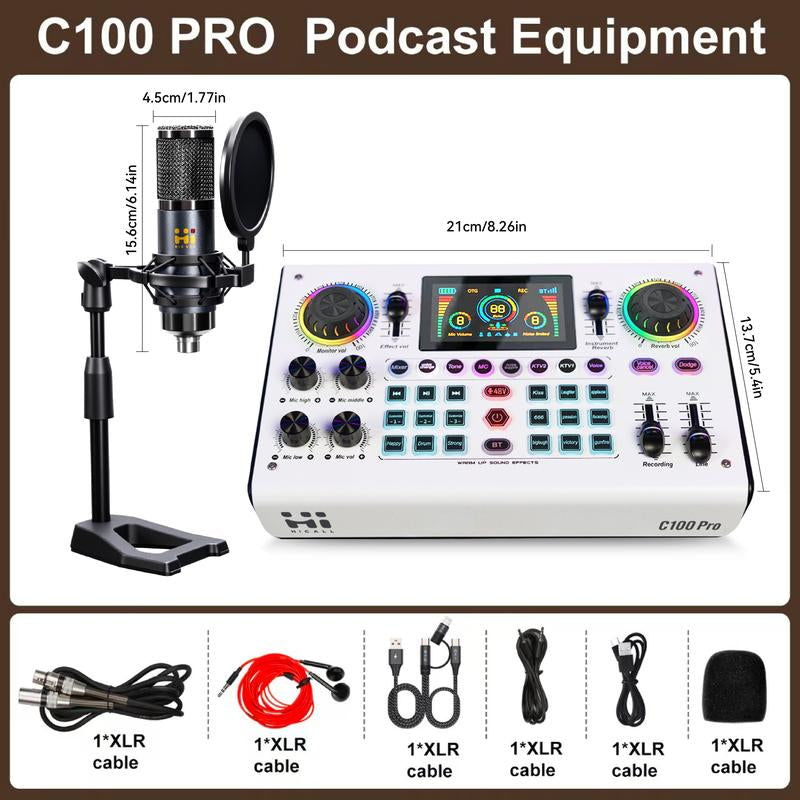 Hicall C100PRO-P15 Live Audio Mixer, 48V Digital Sound Card, Dual DSP Chips, High Sampling Rate, Custom Effects, Sing Along, Instrument Reverb, Digital Display, Mute, RGB Light#Outdoorfun