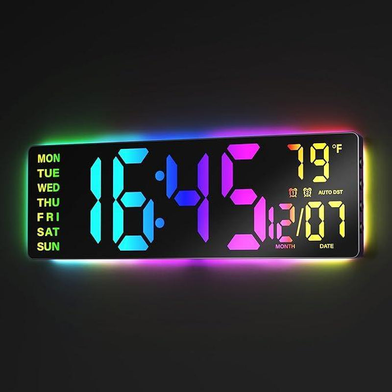 16.5" Large Digital Wall Clock with Remote Control, RGB Atmosphere Lights with 11 Scenes Mode, Dual Alarms with Big LED Display, Classroom, Game Decor Home Goods Auto Dst Adjustment