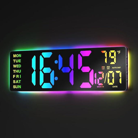 16.5" Large Digital Wall Clock with Remote Control, RGB Atmosphere Lights with 11 Scenes Mode, Dual Alarms with Big LED Display, Classroom, Game Decor Home Goods Auto Dst Adjustment