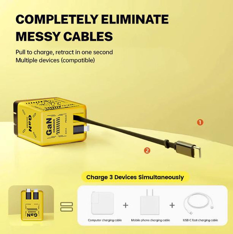 W&O 2-In-1 Gan 120W Fast Charger with Retractable Type-C and Ligtning Cable | Portable Adapter for Iphone 16, Ipad, Macbook, Multi-Device Fast Charging, Folding Charing