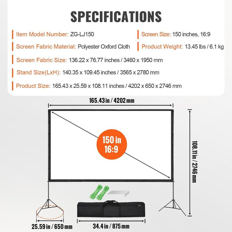 VEVOR Projector Screen with Stand, 120 Inch 16:9 4K 1080 HD Outdoor Movie Screen with Stand, Wrinkle-Free Projection Screen with Bar Feet and Carry Bag, for Home Theater Cinema Backyard Movie Night