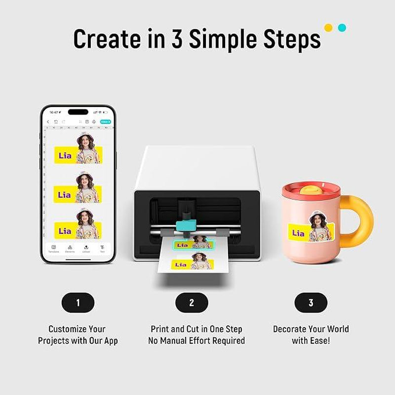 Liene Pixcut S1 Photo Sticker Printer & Cutting Machine - All-In-One Sticker Maker Machine for DIY Crafts, Custom Labels & Gifts, Thermal Dye-Sublimation, 300 DPI Prints, Precise AI Auto-Cutting, Bluetooth Wireless Printing