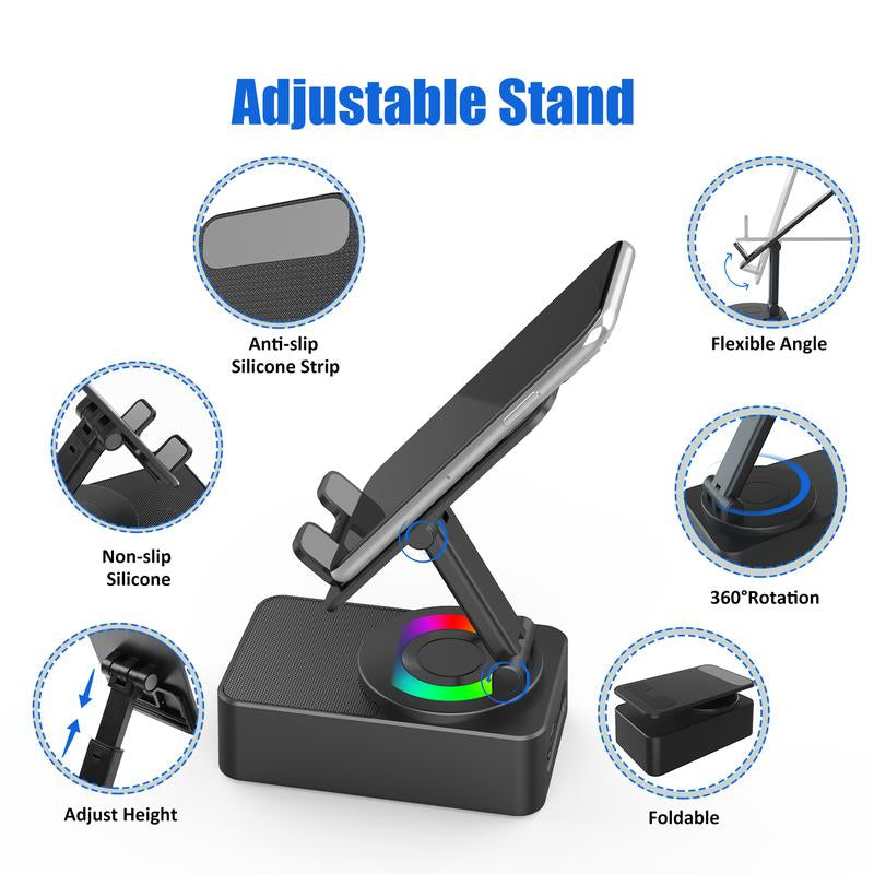 Upgraded 5In1 Wireless Bluetooth Speaker Phone Holder - Colorful Light Spinning Foldable Emergency Charging for Tablet IOS Android, Gift for Men Women