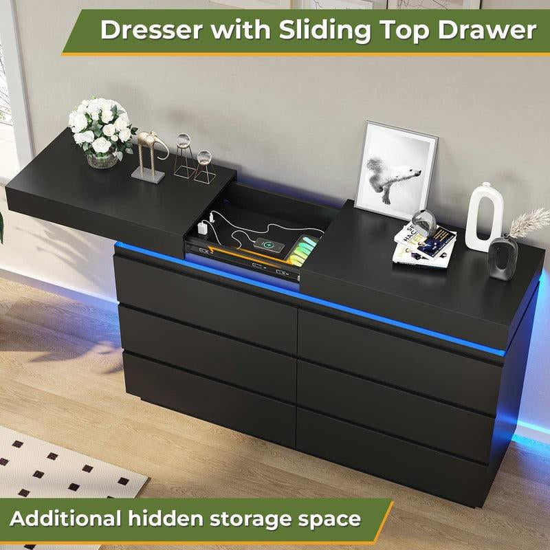Sikaic LED Dresser for Bedroom with Charging Station and Sliding Desktop Drawers Large Storage Tower Clothes Organizer Furniture Modern Aesthetic Cabinet Home Cupboard