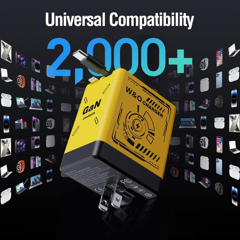 W&O 2-In-1 Gan 120W Fast Charger with Retractable Type-C and Ligtning Cable | Portable Adapter for Iphone 16, Ipad, Macbook, Multi-Device Fast Charging, Folding Charing