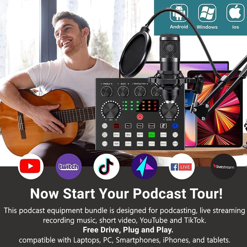 Haomuren Podcast Equipment Bundle, BM800 Podcast Microphone Bundle with V8S Voice Changer, Condenser Microphone Recording Studio Package for Podcasting Live Streaming Singing PC Mobile Tiktok Youtube Audio Adjustable