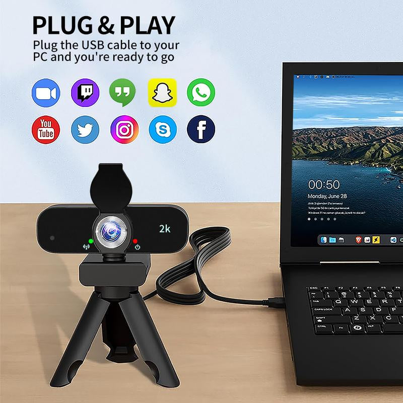 2K Qualify HD Webcam for PC Webcast, USB Computer Webcam for Office /Home Use, Streaming, Video Calling, Online Meeting with Tripod