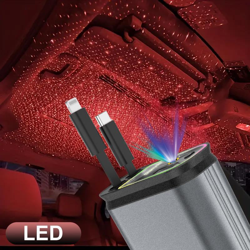 Aromatic Starlight in Roof Retractable Charger with Lightning Cable, Dual Charge Port , Fast Charging Adapter -Automotive 4-In-1 Car Charger Red Light