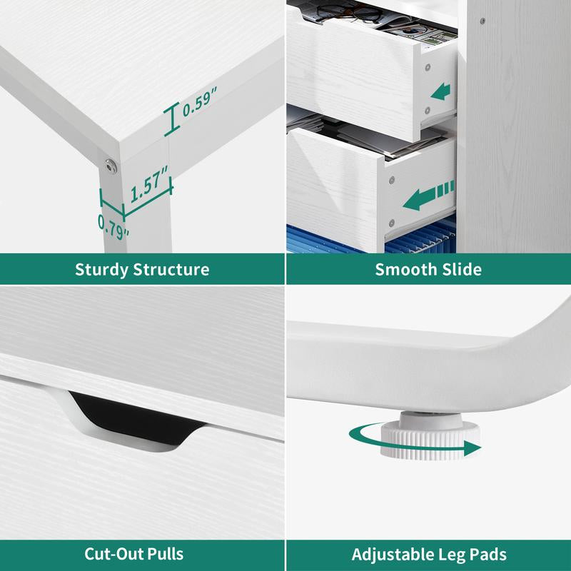 YITAHOME L Shaped Desk with Power Outlets & LED Lights & File Cabinet, 55" Corner Computer Desk with 3 Drawers & 3 Storage Shelves, Home Office Desk with Bookshelf