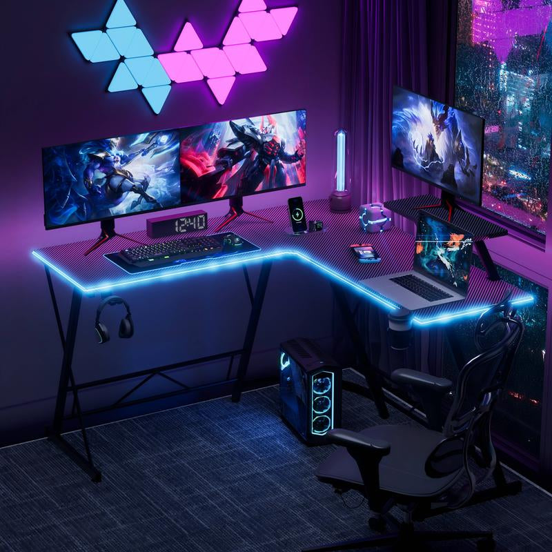 Mr IRONSTONE L Shaped Gaming Desk with Led Lights Corner Computer Desk,L Shaped Desk with Carbon Fiber Surface, Home Office Desks Writing Workstation with Large Monitor Stand, Easy to Assemble