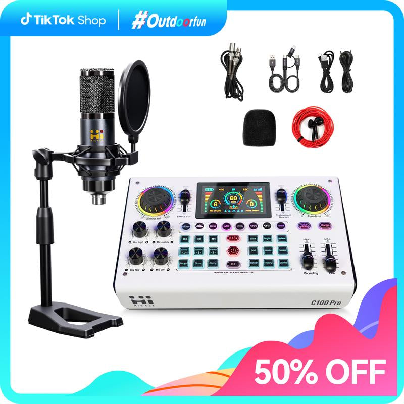 Hicall C100PRO-P15 Live Audio Mixer, 48V Digital Sound Card, Dual DSP Chips, High Sampling Rate, Custom Effects, Sing Along, Instrument Reverb, Digital Display, Mute, RGB Light#Outdoorfun