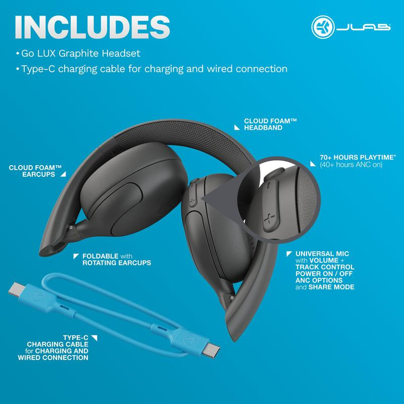 On Ear Headphones: Jlab Go Lux Active Noise Cancelling Headphones, 70+ HR Bluetooth, Hybrid ANC, Be Aware Mode, Spatial Audio, Android