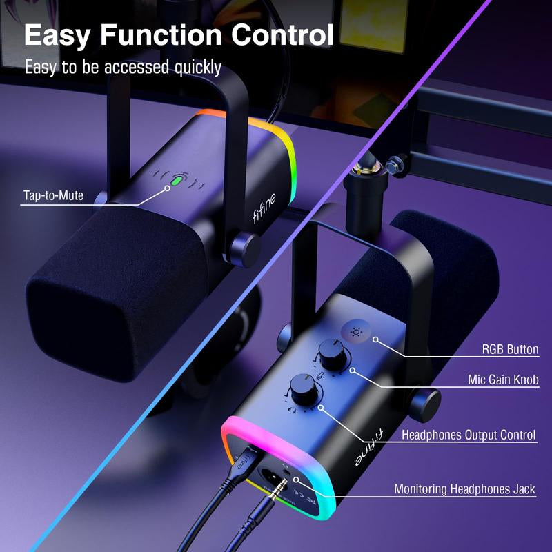 FIFINE AM8T XLR USB Gaming Microphone Set, Dynamic PC Mic for Streaming Podcasting, Computer RGB Mic Kit with Boom Arm Stand, Mute Button, Headphones Jack, for Recording Vocal Voice-Over