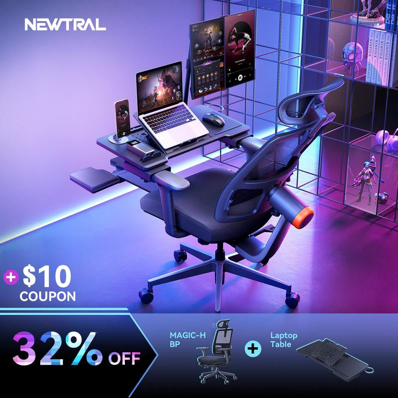 The Newtral Ergonomic Workstation Combo Is Suitable for Various Home Office Scenarios, Featuring Lumbar Support, 4D Armrests, and an Adjustable Chair and Desk Panel Combination.