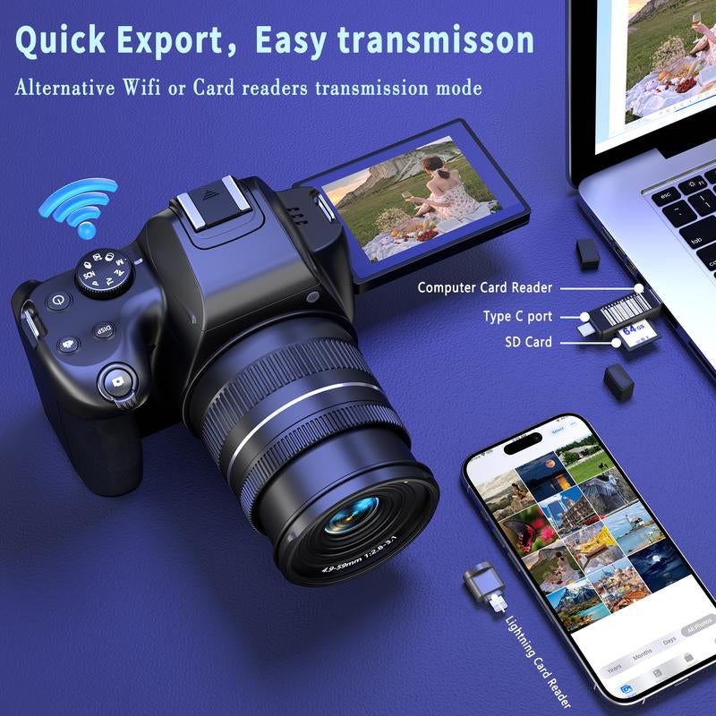 Black 4K Digital Camera with Flip Screen, 10X Optical Zoom, Dual Batteries, 64GB SD Card, Ideal for Vlogging and Travel Photography
