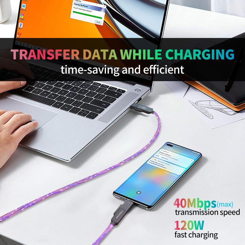 【Father'S Day Gift】240W 4-In-1 Lightning Charging Cable, Multi Charging Cable for Iphone, Ipad, Samsung, Laptops & Universal Cellphones with USB A, Type C & Lightning Charger, Four in One Charging, Smartphone Cellphone Charger, Glow Cable