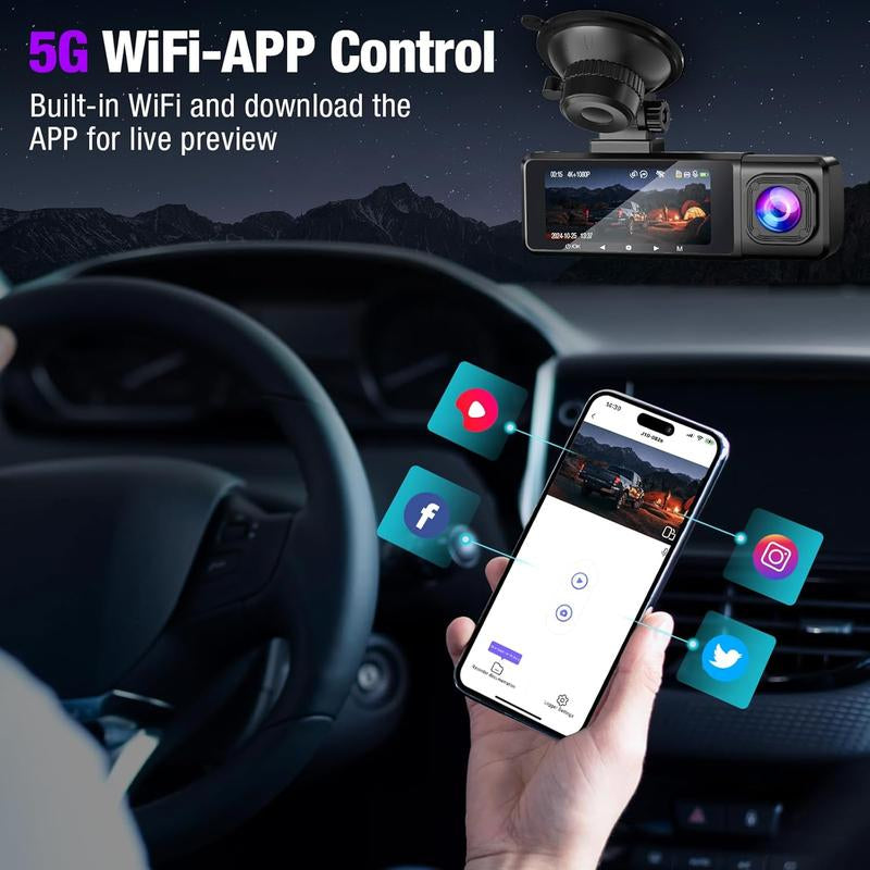4K 3 Channel Wifi Dash Cam, 4K/2.5K+1080P+1080P Front inside and Rear, Triple Dash Camera with 64GB Card, APP Control, G-Sensor, Loop Recording, 24 Hours Parking Mode,Night Vision