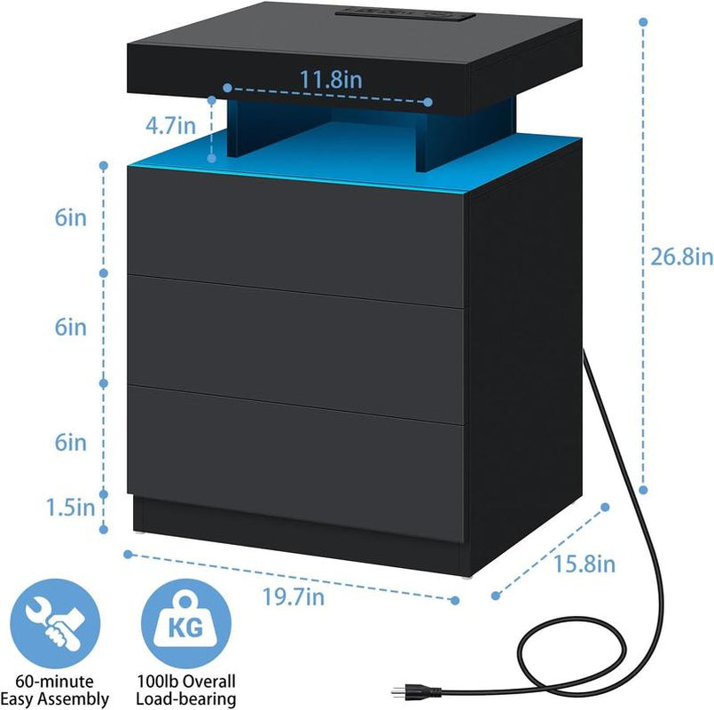 Black LED Nightstand with Charging Station 2 Outlets USB Port Type C, Bed Side Table with 2 Drawers & Wireless Charging Station, Smart LED Nightstand Modern High Gloss Night Table with Light