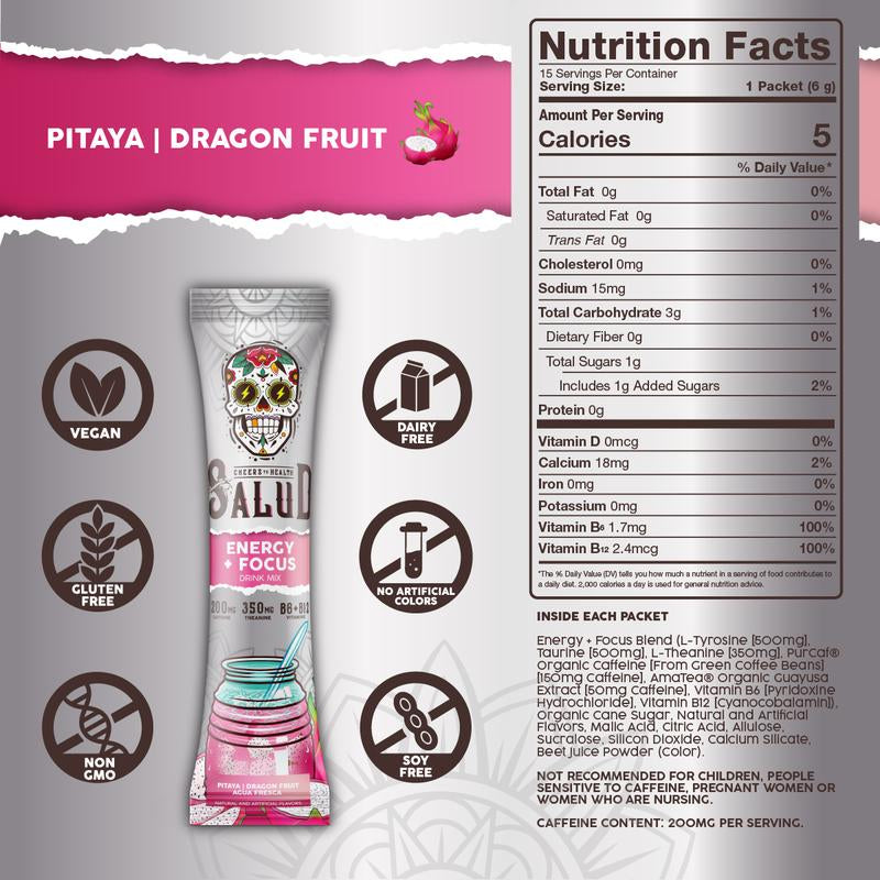 Salud 2-In-1 Energy & Focus Drink Mix with 200Mg Organic Caffeine, Pitaya (Dragon Fruit) Flavor, 350Mg L-Theanine & 500Mg L-Tyrosine, Clean Energy Drink, Vegan, Non-Gmo, Gluten Free - Beverage