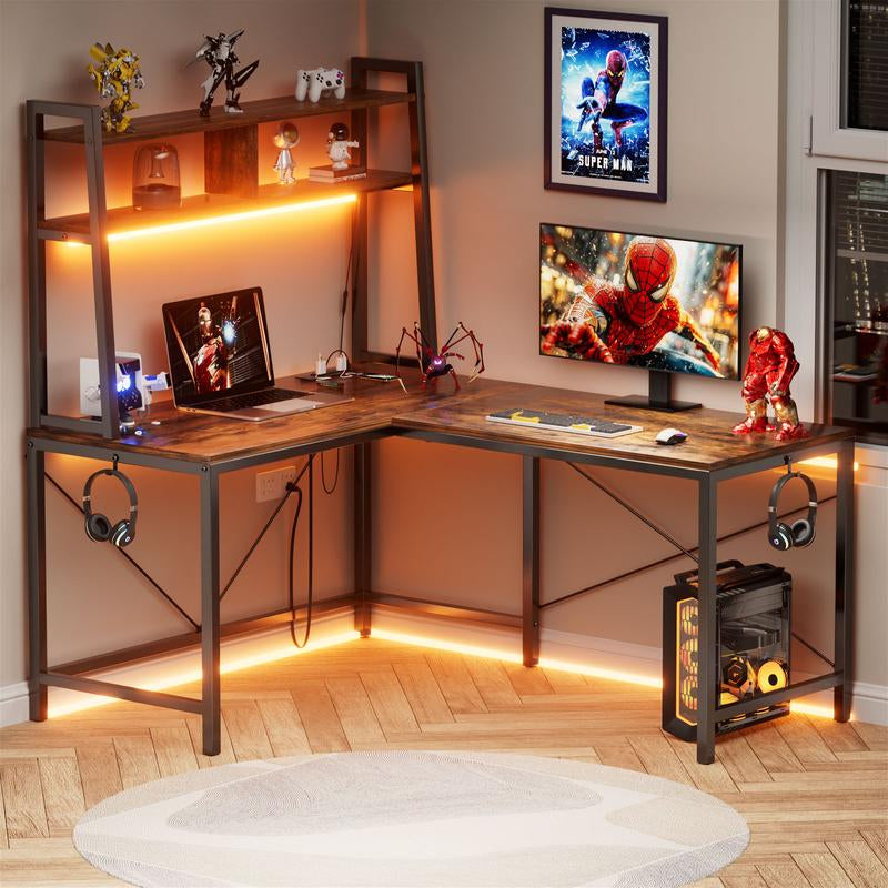 Flycity L-Shaped Gaming Desk or One-Line Table with LED Lights & Power Outlets,And Storage Shelves - 93.3 Inch Computer Desk, for Gaming Room, Study, Living Room Modern Furniture Home Office