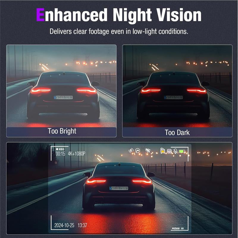4K 3 Channel Wifi Dash Cam, 4K/2.5K+1080P+1080P Front inside and Rear, Triple Dash Camera with 64GB Card, APP Control, G-Sensor, Loop Recording, 24 Hours Parking Mode,Night Vision