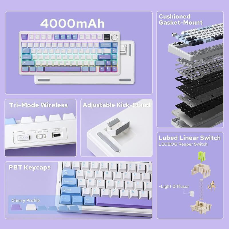 Aula F75 MAX Wireless Mechanical Keyboard with TFT Screen and Knob, Gasket Keyboard in 75% Layout, Hot Swappable Gaming Keyboard for Pc/Mac/Linux