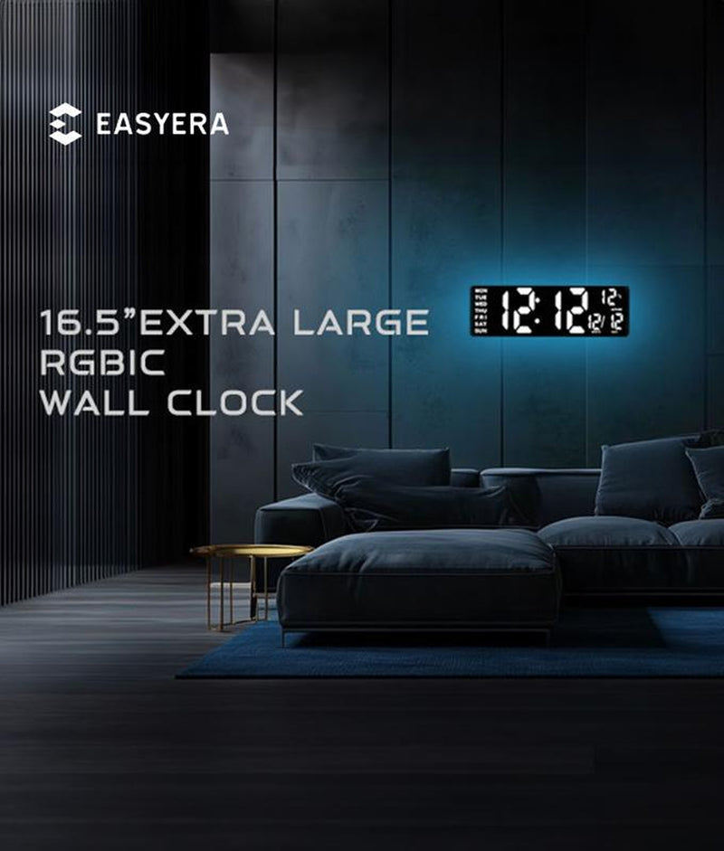 16.5" Large Digital Wall Clock with Remote Control, RGB Atmosphere Lights with 11 Scenes Mode, Dual Alarms with Big LED Display, Classroom, Game Decor Home Goods Auto Dst Adjustment