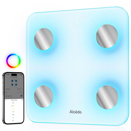 Alcedo Smart Scale for Body Weight, 7-Color Glowing Bluetooth Digital Bathroom Scale for BMI and Body Fat, Body Composition Monitor with Smartphone App, 400 Lbs Capacity