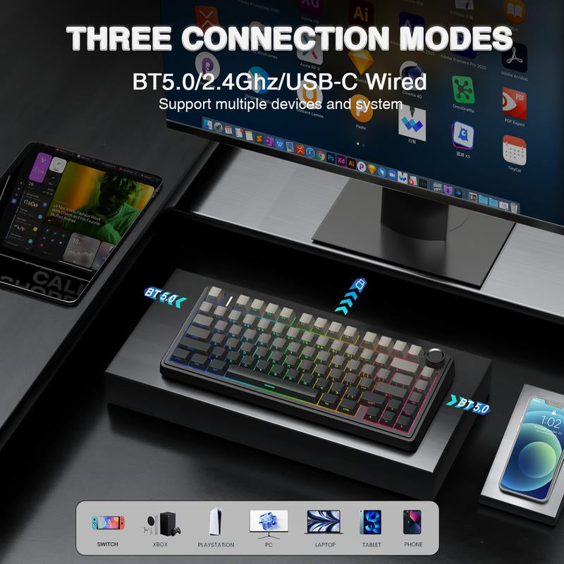 AULA F75 Pro Wireless Mechanical Gaming Keyboard RGB Rainbow Backlit Tri-Mode 2.4G USB-C Bluetooth Hot Swappable Gaming Keyboard for Gamers Gaming PC Accessories Gasket Custom Creamy Keyboard