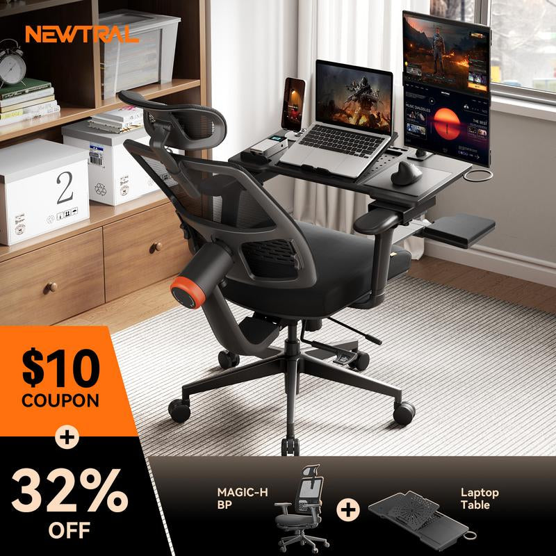 The Newtral Ergonomic Workstation Combo Is Suitable for Various Home Office Scenarios, Featuring Lumbar Support, 4D Armrests, and an Adjustable Chair and Desk Panel Combination.