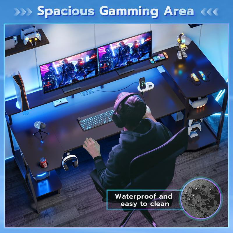 Sedeta Gaming Table 70.8 In. with LED Lights and Storage Shelf Computer Table with Monitor Stand, Power Outlet and Cup Holder Ergonomic Table