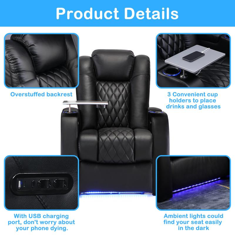 Weilianda Home Theater Seating Luxury Series Top Grain Nappa Leather Recliner Chair Dual Power Movie Gaming Sofa Electric Headrest with Tray Table Type-C USB Charge Cup Holders